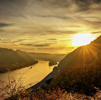 Tief stehende, goldene Sonne über einer Flussschleife des Rheins zwischen bewaldeten Hängen im warmen Morgenlicht.