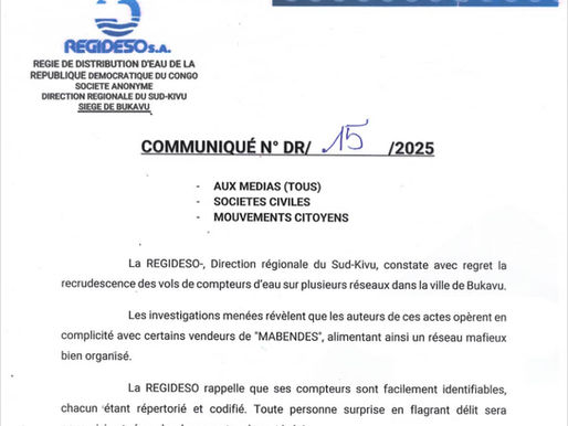 Bukavu : La REGIDESO met en garde le réseau mafieux qui vole ses compteurs d'eau en ville
