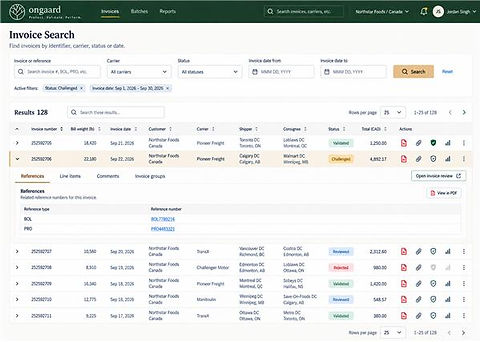 OnGaard Invoice Search showing validated, challenged and rejected invoices (sample data)