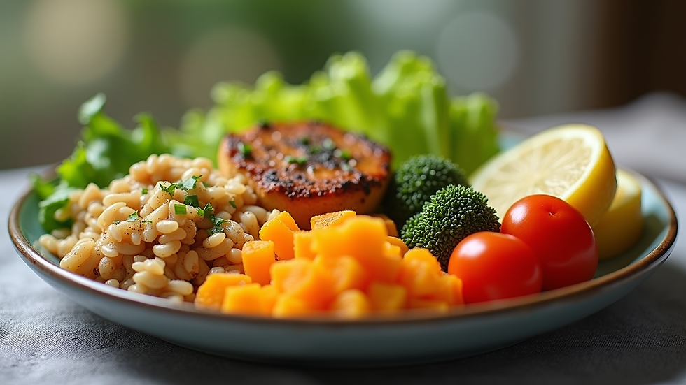 Eye-level view of a colorful plate with a balanced meal of vegetables, grains, and protein