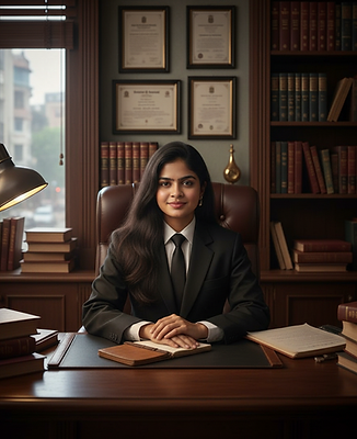 Professional lawyer seated at a wooden desk in a law office, wearing a black suit and white band, with law books, a gavel, an