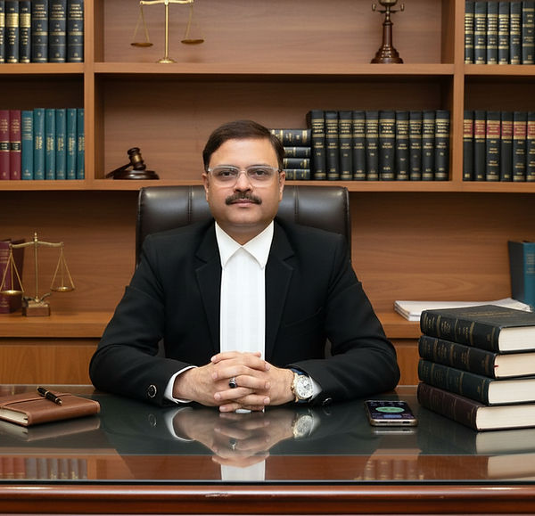 Professional lawyer seated at a wooden desk in a law office, wearing a black suit and white band, with law books, a gavel, an