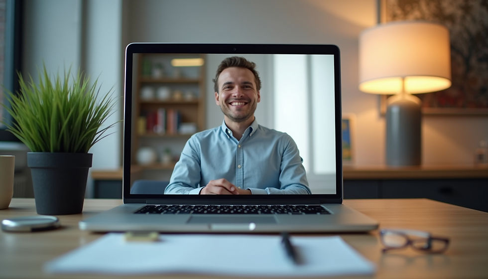 Eye-level view of a modern office desk with a laptop displaying a video call for mediation
