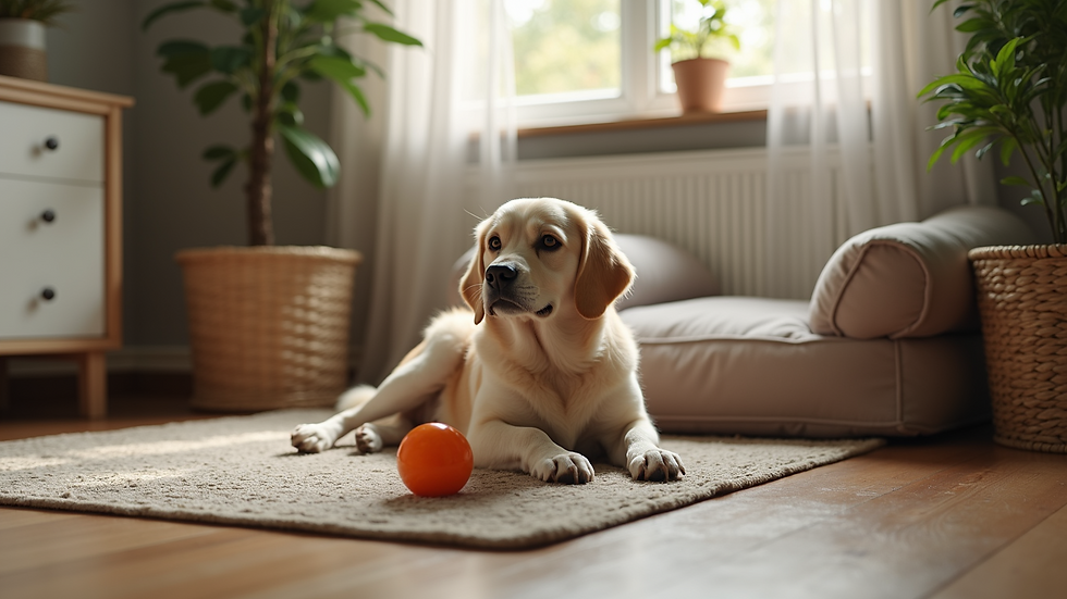 High angle view of a dog sitter’s home setup with toys and a comfortable dog bed