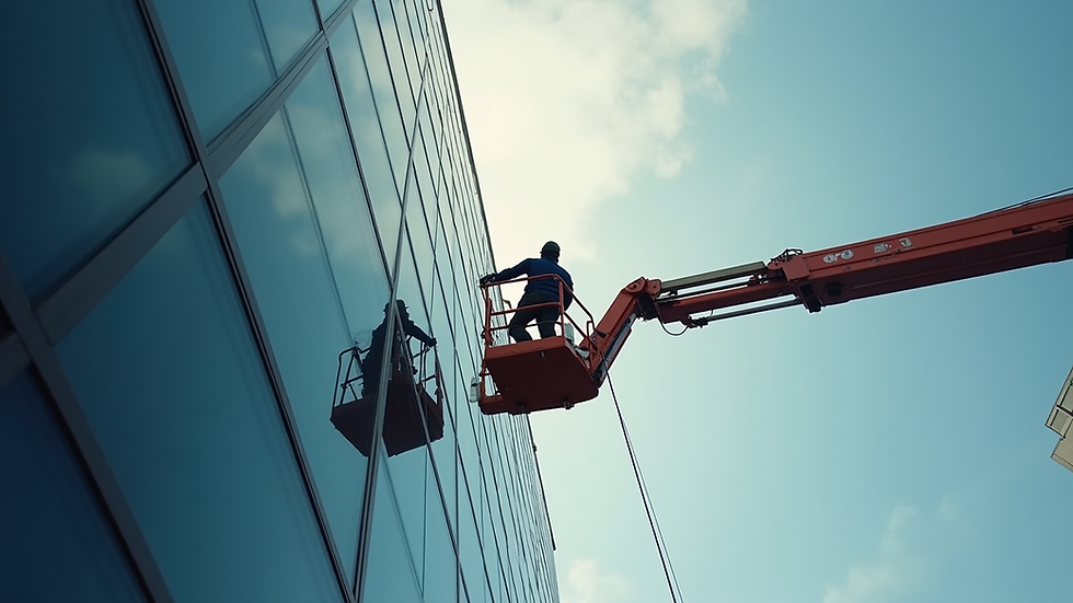 High angle view of a professional window cleaner using an aerial lift to clean a tall building