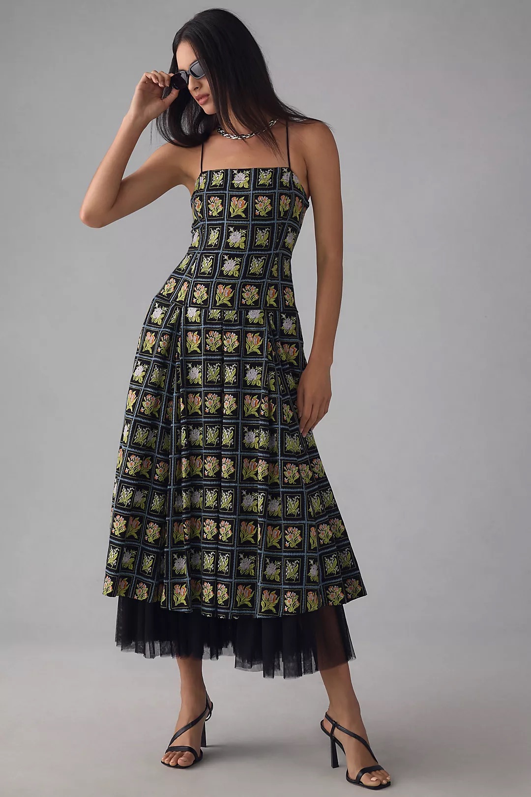 Anthropologie-Maeve Square-Neck Tulle Embroidered Midi Dress