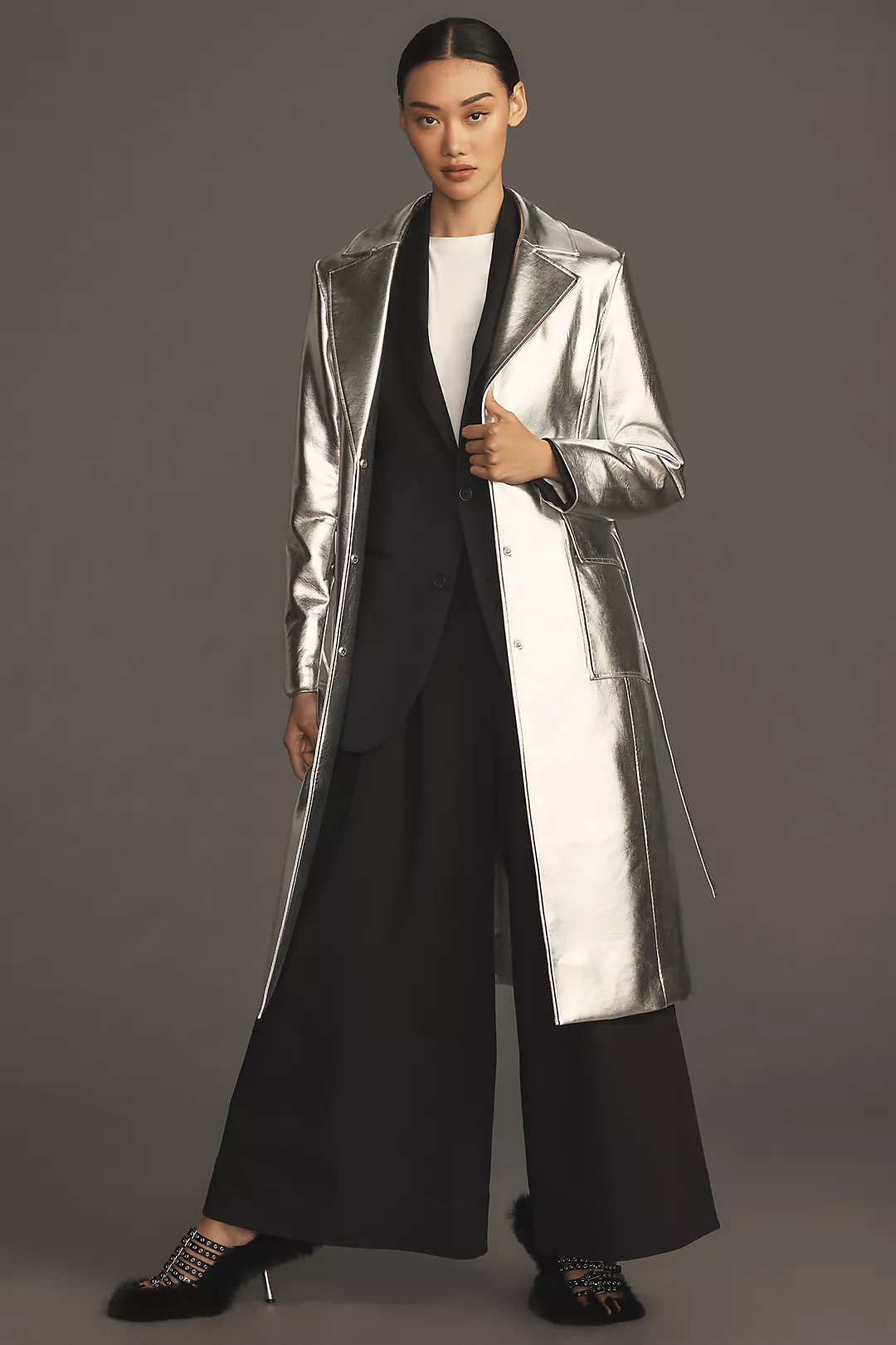 Avec Les Filles Metallic Faux Leather Trench Coat