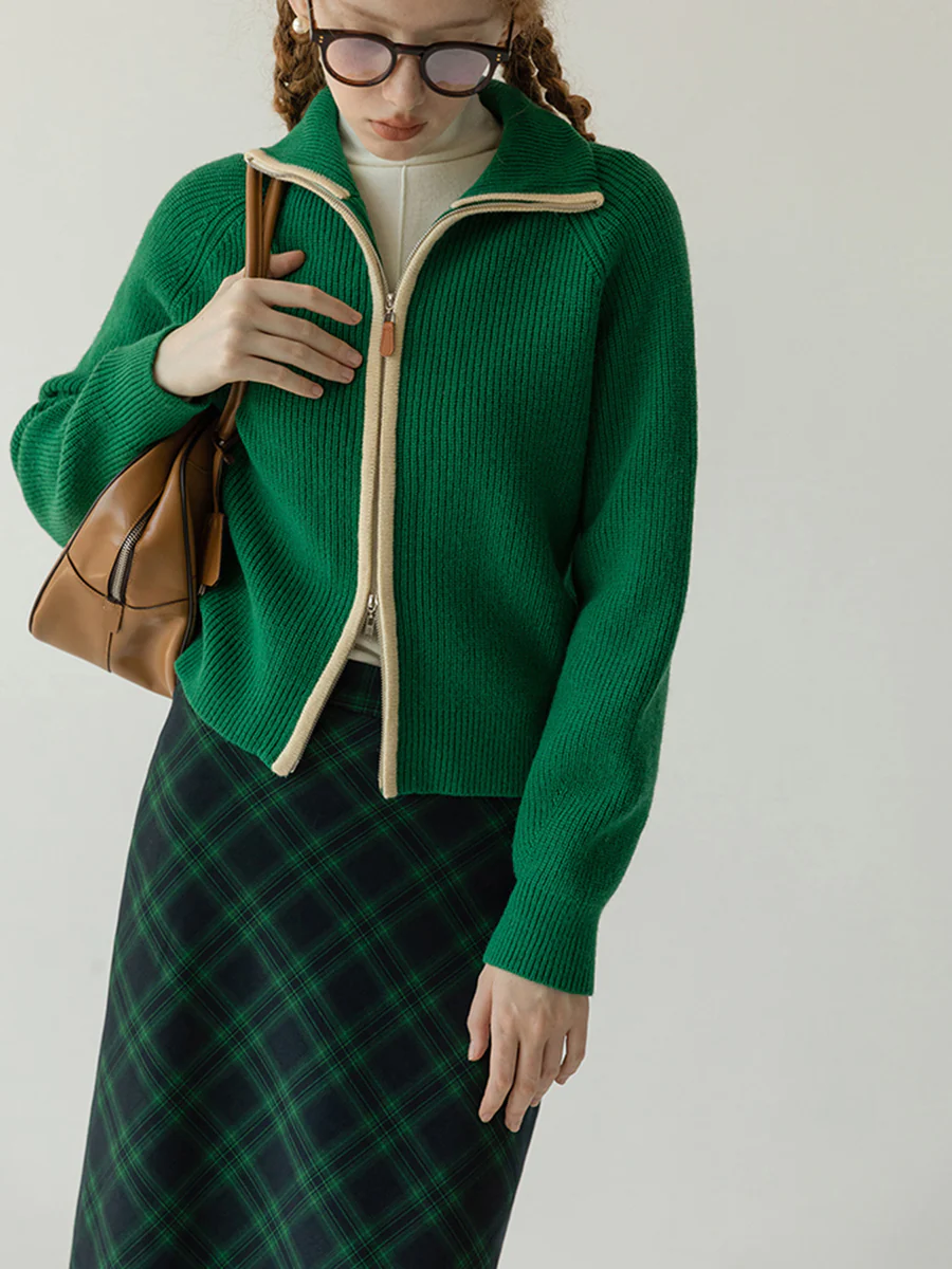 Commense Two Way Zip Contrast Trim Cardigan