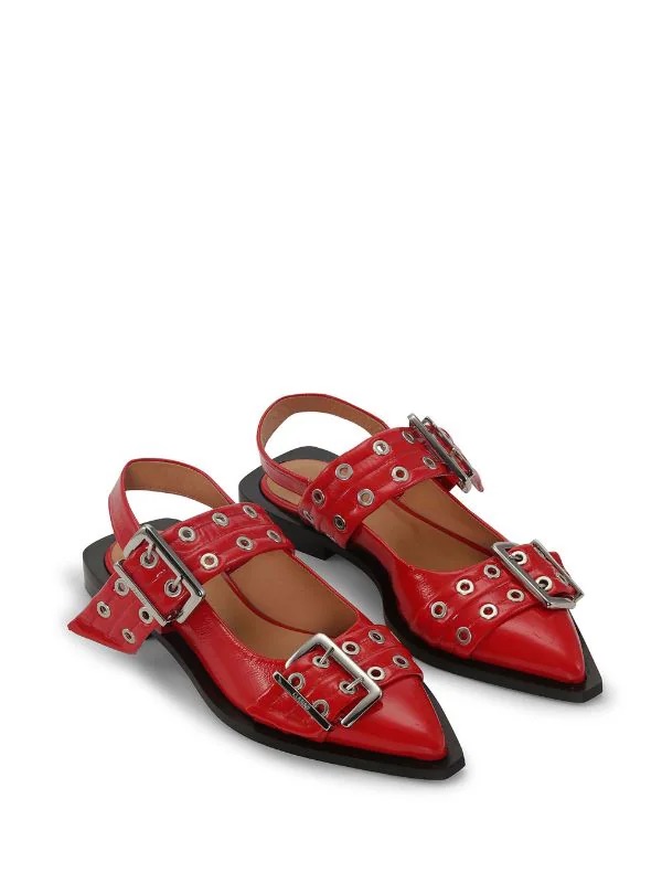 RED WIDE WELT BUCKLE BALLERINAS