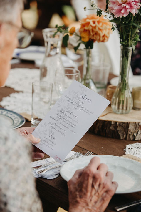 A guest reads the menu at the wedding dinner