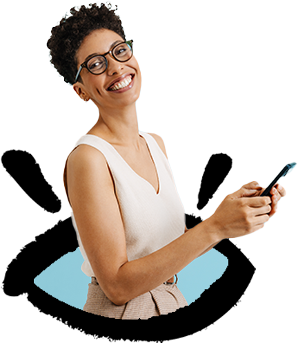 Smiling woman with glasses in Eye 2 Eye vision Center Logo