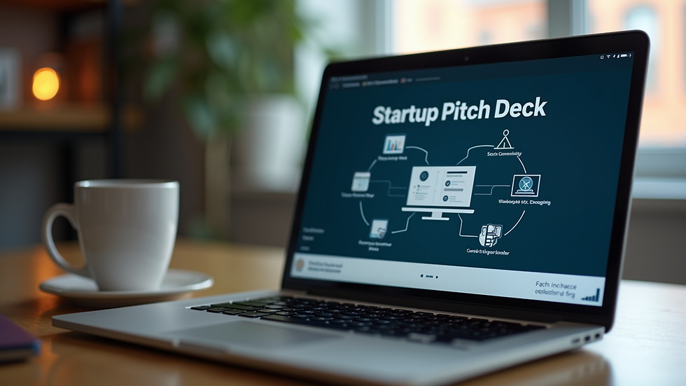 Close-up view of a laptop screen displaying a startup pitch deck