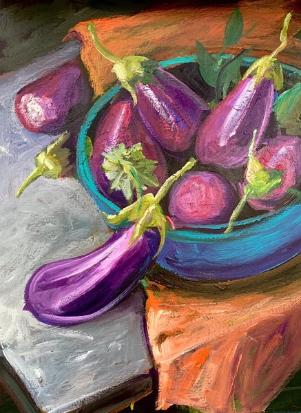 Painting of Purple Eggplant in Blue Bowl 