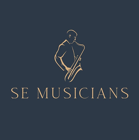 SE Musicians logo with a stylized gold outline of a saxophonist playing, centered above the brand name on a dark blue backgro