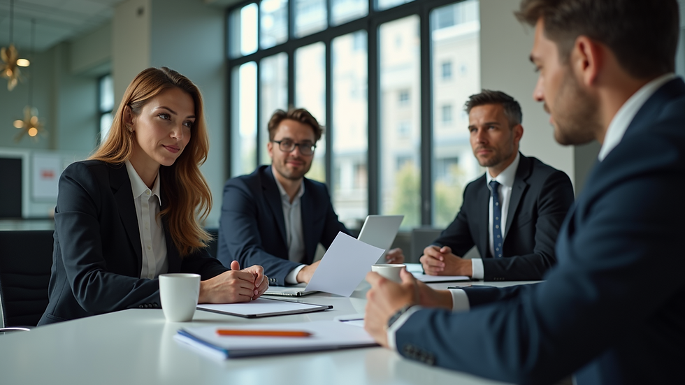 Eye-level view of a diverse team of lawyers collaborating in a modern office setting