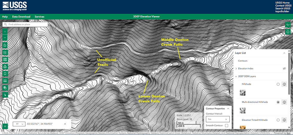 LiDAR 1-meter contour view of Lower and Middle Denton Creek Falls in Rabun County.