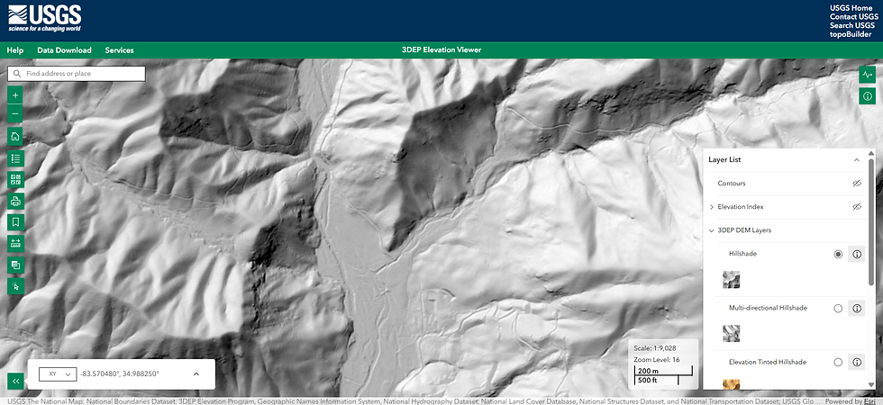 Regular LiDAR hillshade view comparison of the Upper Tallulah River watershed.