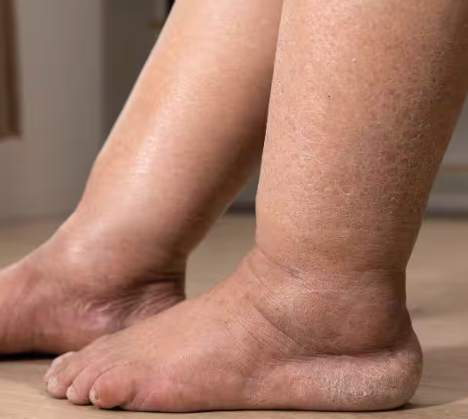 Lower legs and feet with visible swelling and inflammation, representing edema and impaired circulation.