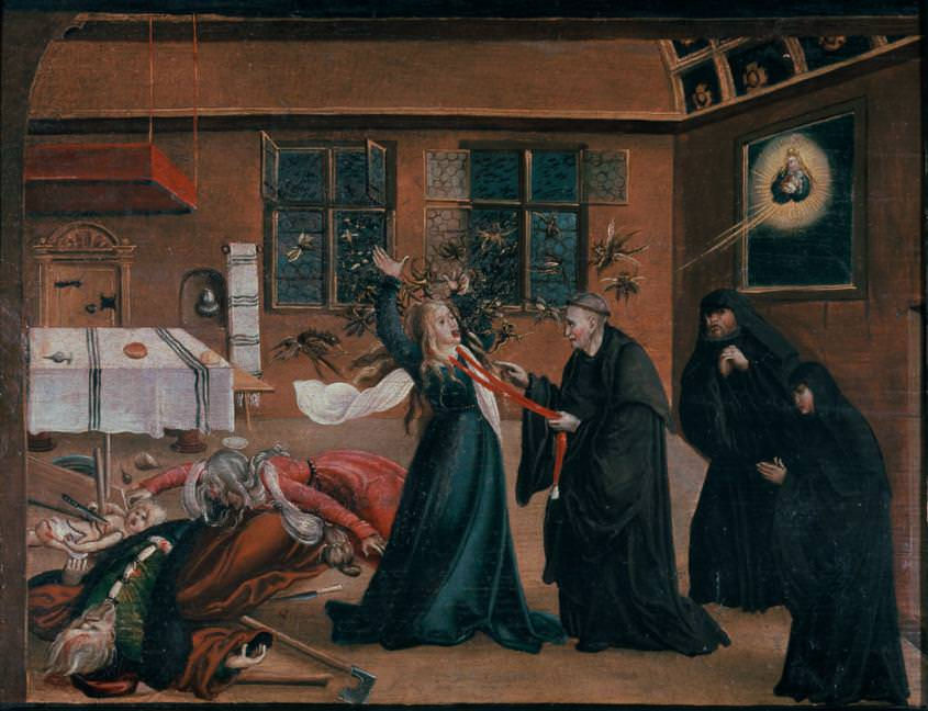Medieval Art depicting an exorcism being done on a woman by saints