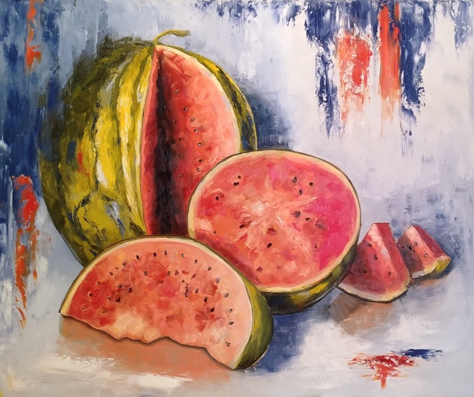 Nature morte L'eau à la bouche Oeuvre de melon d'eau contemporaine par l'artiste Annette Cormier
