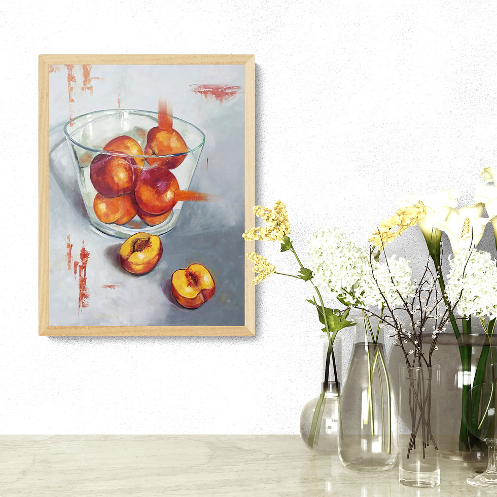 Oeuvre contemporaine nature morte de pêches dans décor par Annette Cormier