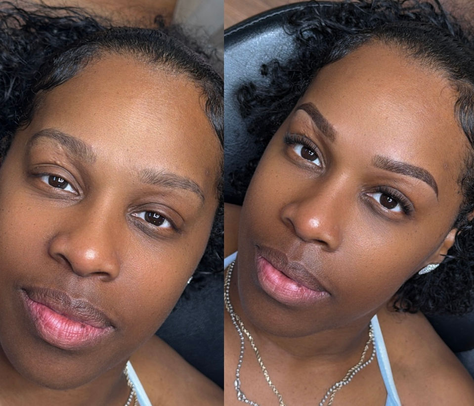 Raytown, MO brow artist's before and after photo of her signature henna brow and cluster lash service.