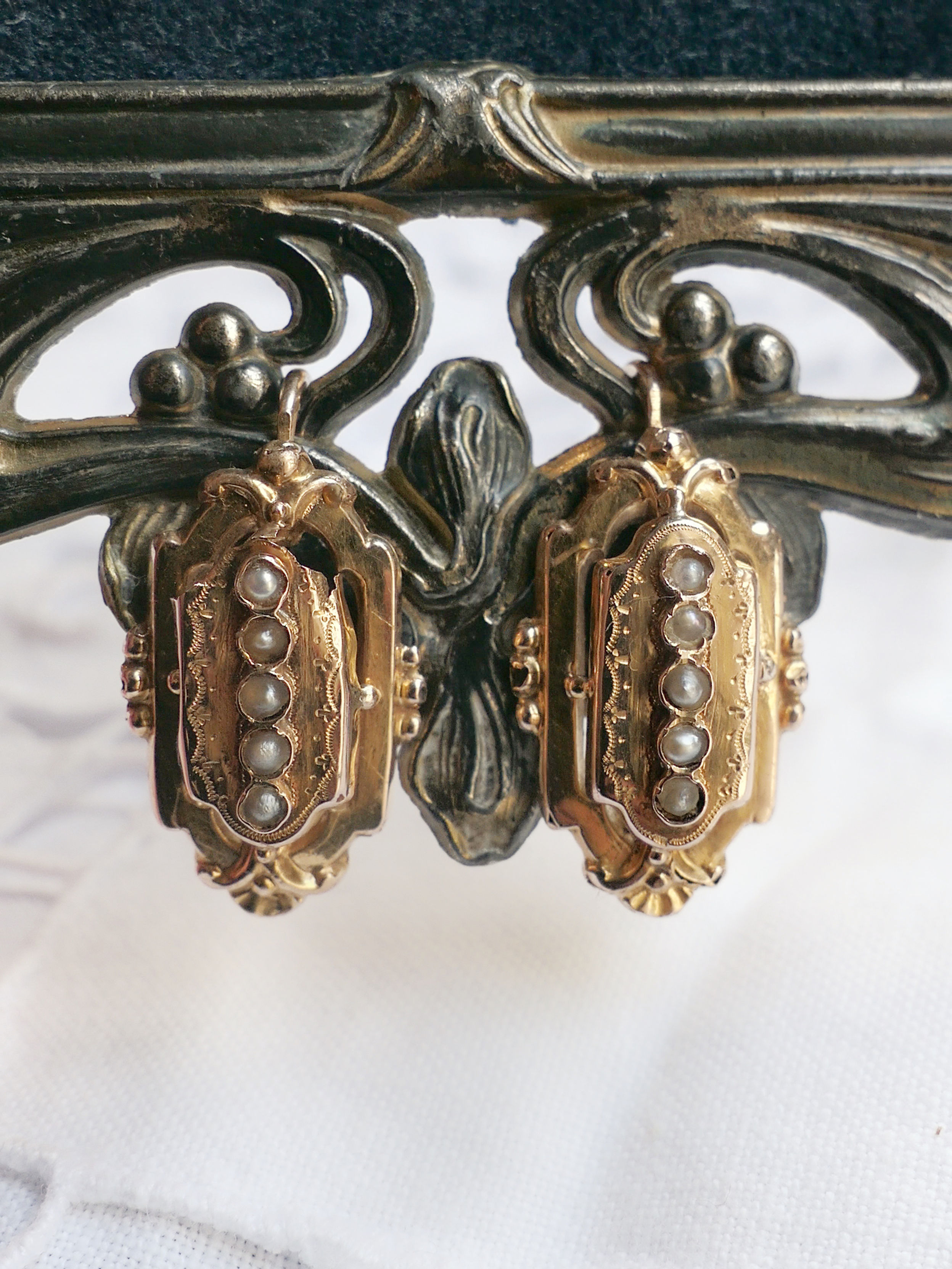 19th Century Ornate Dormeuses French Earrings with Line of Pearls