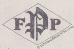 French Maker's Mark
NAME: Frédéric Perez INITIALS: F P SYMBOL: Gothic P DATES: 1914 - SPECIALITY: Jeweller PLACE: 20 rue Rochechouart, Paris, France