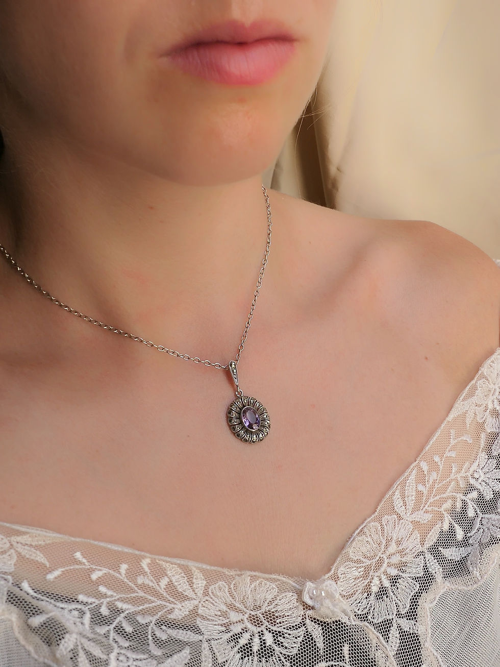 Thumbnail: Vintage Oval Amethyst and Marcasite Swirl Pendant