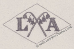 NAME: Lucien Aubertin INITIALS: L A SYMBOL: 2 crossed sprigs of lily of the valley DATES: 1946 - SPECIALITY: JewellerPLACE: 5 rue Mayrand, Paris, France