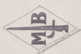 French Maker's Mark
NAME: Menijus Bergida INITIALS: M B SYMBOL: Bayonet DATES: 1931 - SPECIALITY: Jeweller PLACE: 11 bis rue Jeoffroy Marre, Paris, France