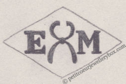 French Maker's Mark
NAME: Etienne Melinat INITIALS: E M SYMBOL: Pincers DATES: 1913 - 1934 SPECIALITY: Jeweller PLACE: 12 rue Nouvelle, Choisy-le-Roi, France