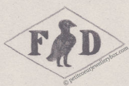 French Maker's Mark
NAME: Fernand Devillers INITIALS: F D SYMBOL: Pigeon DATES: 1918 - 1920 SPECIALITY: Jeweller PLACE: 11-13 rue des Filles-du-Calvaire, Paris, France