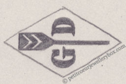 Poinçon de maître orfèvre joaillier, poinçon de fabricant, poinçon d’atelier, poinçon losangique. NOM: Georges Desrues INITIALES: G D SYMBOLE: 2 chevrons sur une pagaie DATES: 1937 - PROFESSION: Bijoutier ADRESSE: 138 rue Amelot, Paris, France
