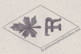 French Maker's Mark
NAME: Rambaud Furgy INITIALS: ꟻR SYMBOL: Leaf DATES: 1907 - SPECIALITY: Jeweller PLACE: 34 rue Sedaine, Paris, France