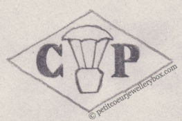 Poinçon de maître orfèvre joaillier, poinçon de fabricant, poinçon d’atelier, poinçon losangique.    NOM:                 Claude Payet INITIALES: C P SYMBOLE: Parachute DATES: 1897 - 1910 PROFESSION: Bijoutier ADRESSE: 44 rue de la Chaussée d'Antin, Paris, France