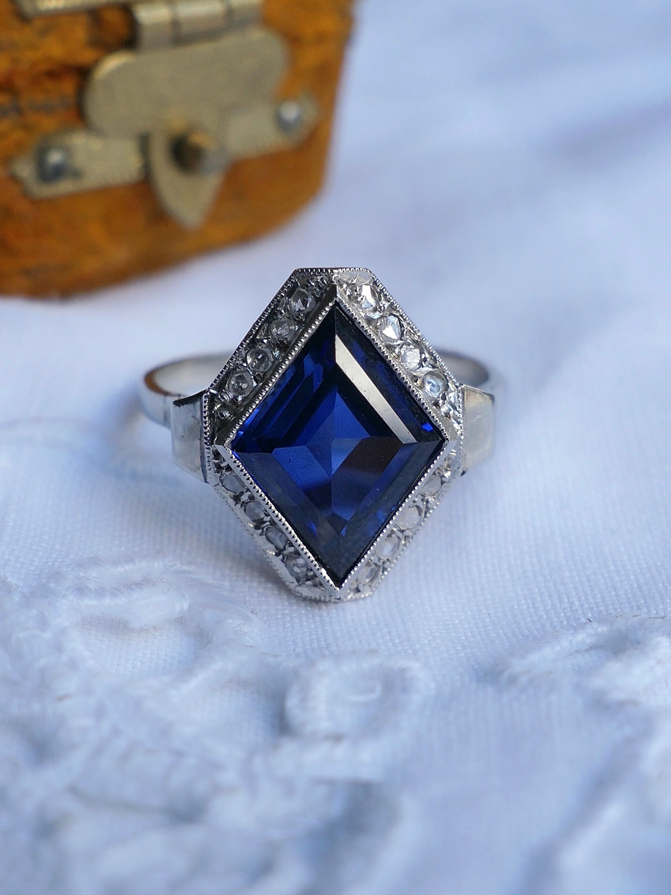French Art Deco Synthetic Sapphire "Losangique" and Rose Cut Diamond Ring