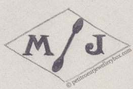 Poinçon de maître orfèvre joaillier, poinçon de fabricant, poinçon d’atelier, poinçon losangique
NOM:              Maurice Juge INITIALES: M J SYMBOLE: Pagaie DATES: 1959 - PROFESSION: Bijoutier ADRESSE: 48 boulevard Malesherbes, Paris, France