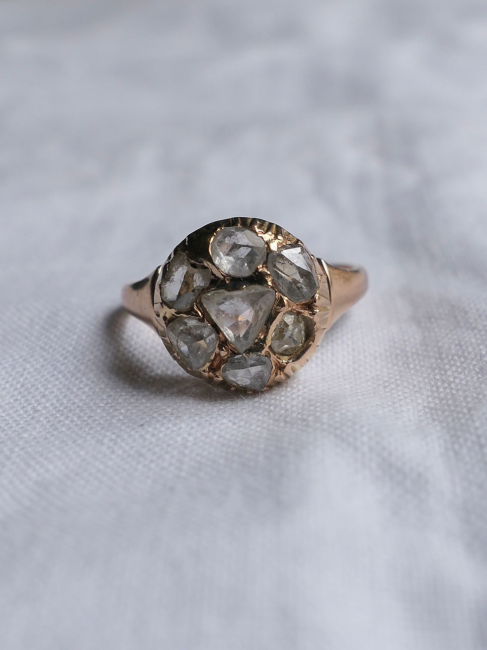 Thumbnail: French Antique Rose Cut Diamond Cluster Ring with Pinched Setting