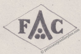 French Maker's Mark
NAME: François Courtois INITIALS: F C SYMBOL: Chevron and 3 dots DATES: 1878 - SPECIALITY: Jeweller PLACE : 80 rue Quincampoix, Paris, France