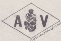French Maker's Mark
NAME: Aimé Verdier INITIALS: A V SYMBOL: Swaddled baby DATES: 1928 - SPECIALITY: Jeweller PLACE: 74 rue Domrémy, Paris, France