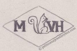 French Maker's Mark
NAME: Mairet & Van Hambeeck INITIALS: M VH SYMBOL: Squirrel DATES: 1936 - SPECIALITY: Jeweller PLACE: 21 rue St-Augustin, Paris, France