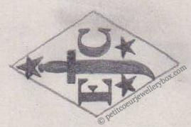 Poinçon de maître orfèvre joaillier, poinçon de fabricant, poinçon d’atelier, poinçon losangique. NOM:              Edouard Corvasier INITIALES: E C SYMBOLE:    Poignard et 2 étoiles DATES: 1863 - 1880 PROFESSION: Orfèvre ADRESSE: Paris, France