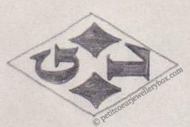 French Maker's Mark
NAME: Georges Lafolie INITIALS: G L SYMBOL: 2 aces of diamonds DATES: 1935 - SPECIALITY: Jeweller PLACE: 3 rue Elzevir, Paris, France