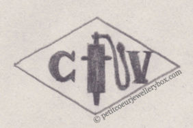 French Maker's Mark
NAME: Claude Venu INITIALS: C V SYMBOL: Pump DATES: 1958 - SPECIALITY: Jeweller PLACE: 62 rue de la Pompe, Paris, France