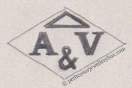 French Maker's Mark
NAME: Angles & Vatter INITIALS: A & V SYMBOL: Triangle DATES: 1905 - 1912 SPECIALITY: Jeweller PLACE: 4 rue Rameau, Paris, France