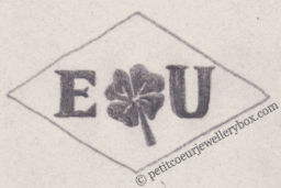 French Maker's Mark
NAME: Emile Uttenweiller INITIALS: E U SYMBOL: 4 leaf clover DATES: 1946 - SPECIALITY: Jeweller PLACE: 85 rue L. Coutaut, Aulnay sous Bois, France