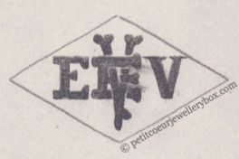 French Maker's Mark
NAME: Ernest Veisse INITIALS: E V SYMBOL: E and V intertwined DATES: 1913 - SPECIALITY: Jeweller PLACE: 12 rue du Bouloi, Paris, France