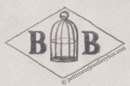 Poinçon de maître orfèvre joaillier, poinçon de fabricant, poinçon d’atelier, poinçon losangique.   NOM:                   Blaise Bontemps INITIALES: B B SYMBOLE: Cage DATES: 1881 - PROFESSION: Bijoutier ADRESSE: 72 rue de Cléry, Paris, France