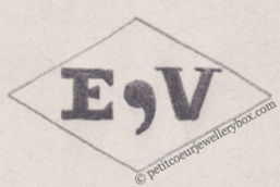 French Maker's Mark
NAME: Edmond Virlez INITIALS: E V SYMBOL: Comma DATES: 1878 - 1880 SPECIALITY: Jeweller PLACE: 5 bis rue des Vieilles-Haudriettes, Paris, France